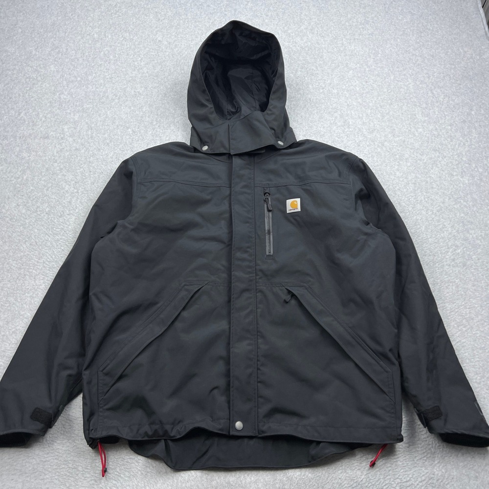 Carhartt Shoreline Jacket Mens Large Black Storm Defender Waterproof Hooded Flag